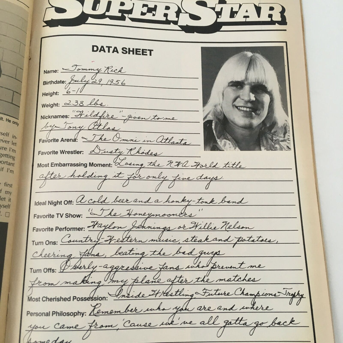 Tommy Rich's data sheet from Wrestling Superstars Magazine Spring 1984, detailing personal information and insights into his wrestling career.