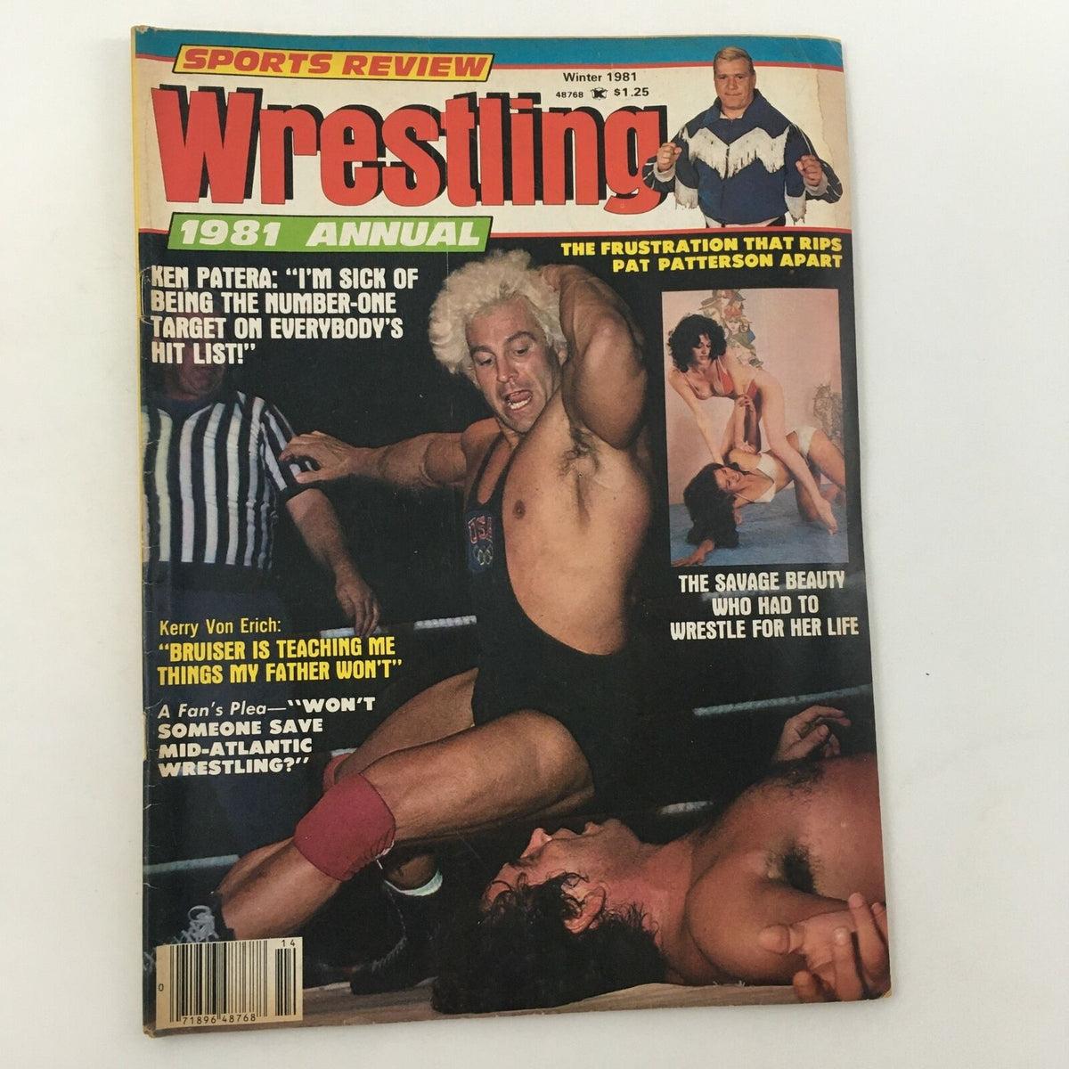 Cover of Sports Review Wrestling Magazine Winter 1981 featuring Ken Patera and Kerry Von Erich, showcasing wrestling action and headlines about wrestling stories.