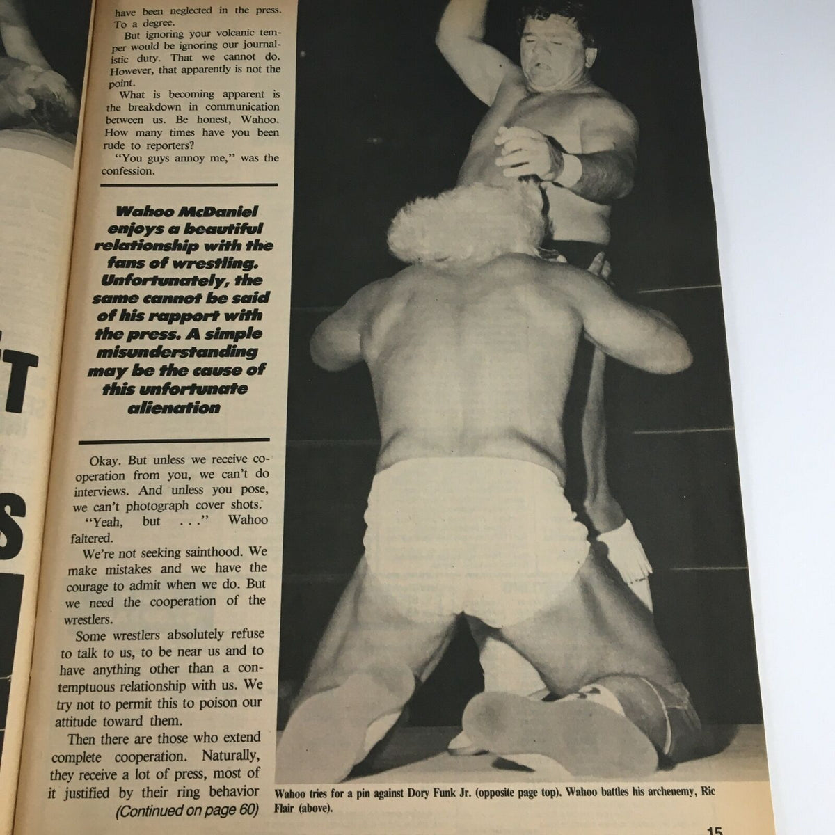 Continuation of the article about Wahoo McDaniel in Pro Wrestling Illustrated Magazine Spring 1985, featuring black and white photos of wrestling action.