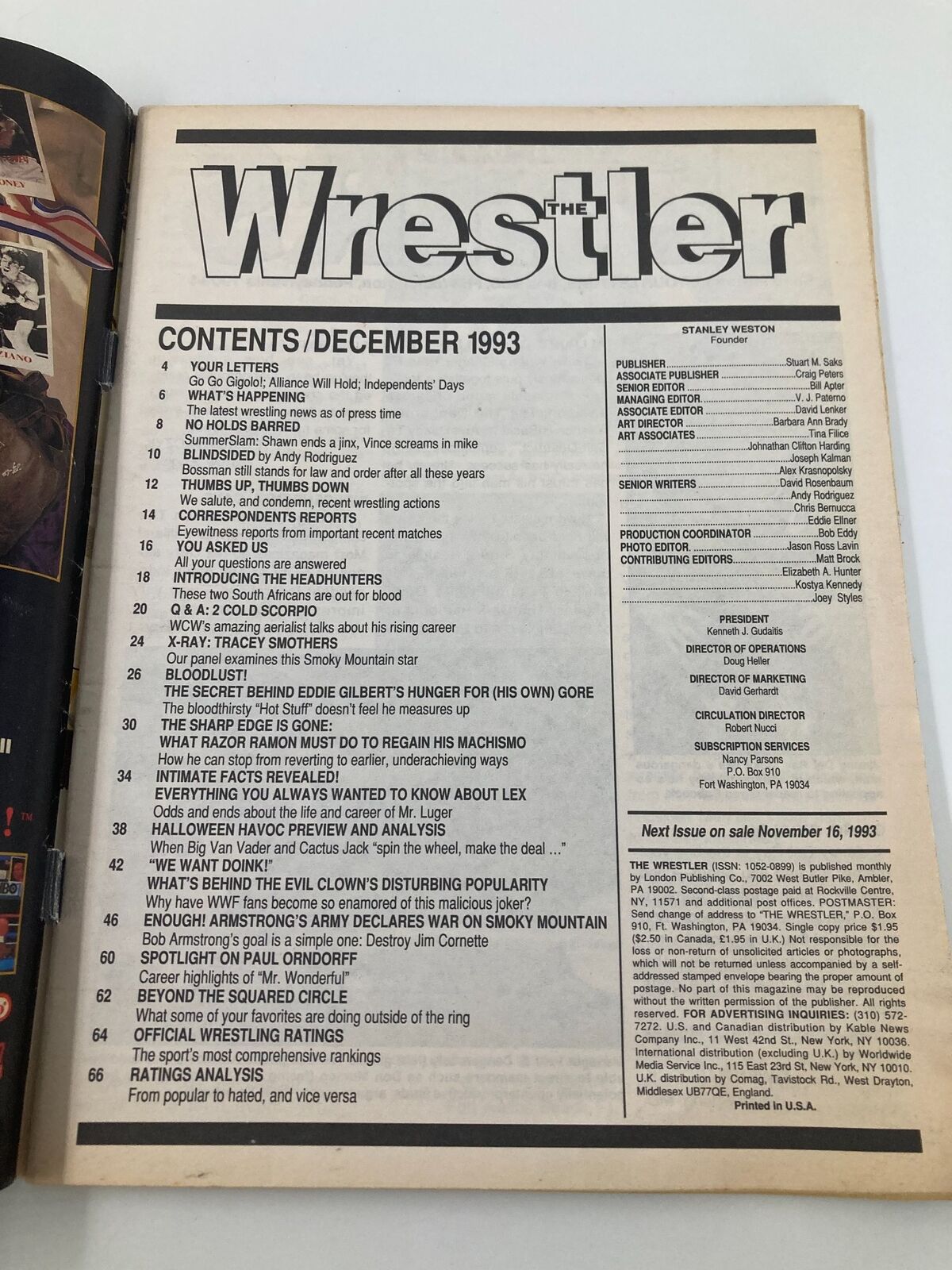 Inside page of The Wrestler Magazine December 1993 displaying the table of contents, outlining featured articles and topics related to wrestling.
