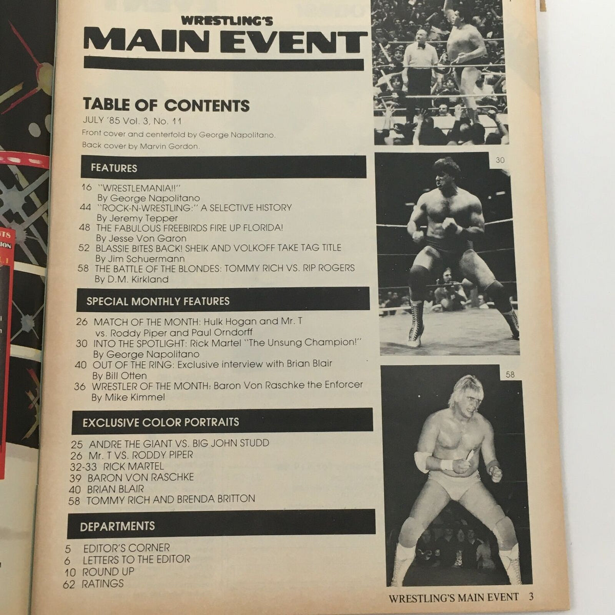 Wrestling's Main Event Magazine July 1985 Table of Contents page, listing features and articles including Hulk Hogan and Mr. T.