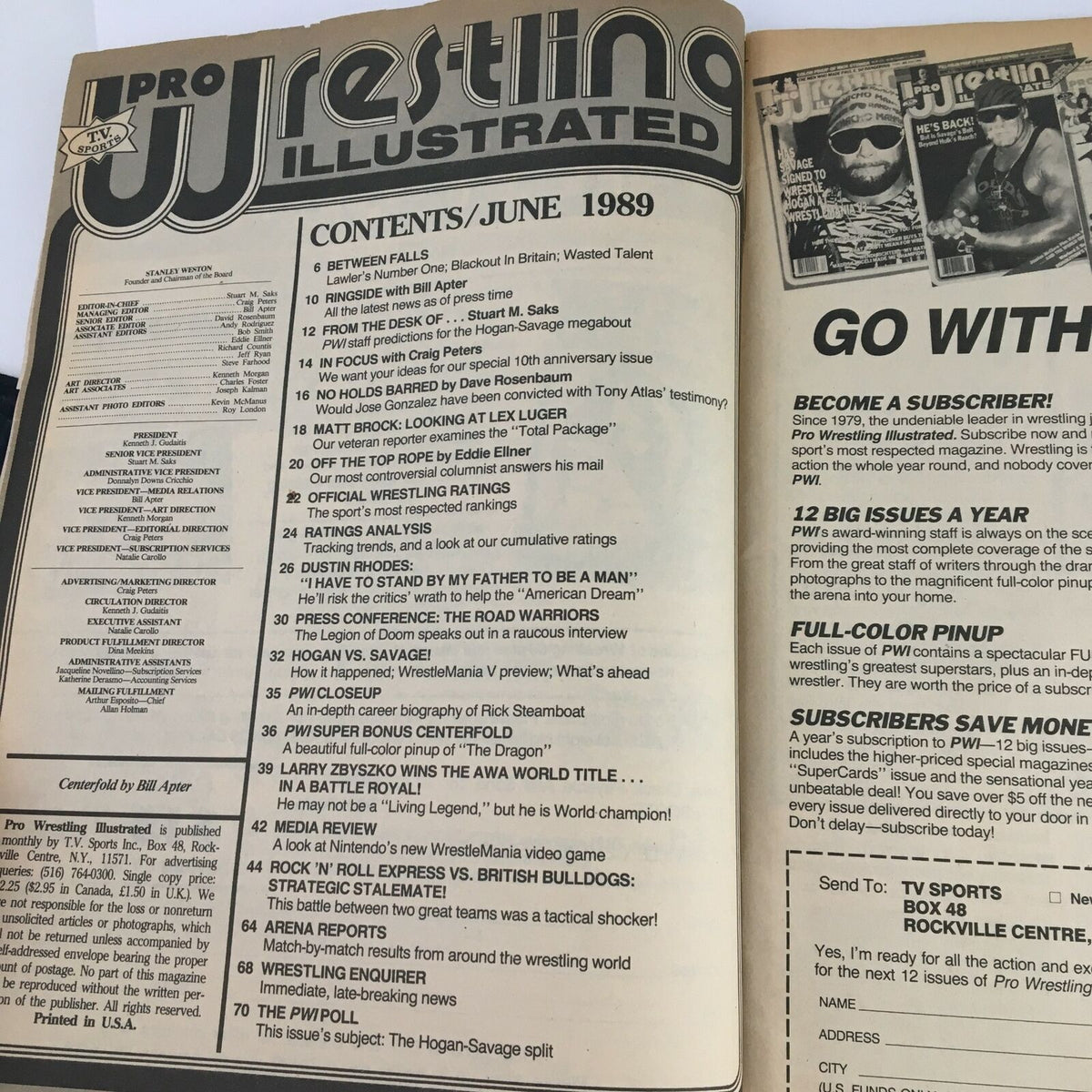 Inside page of Pro Wrestling Illustrated Magazine June 1989 revealing the table of contents, showcasing articles and features including Hogan vs Savage.