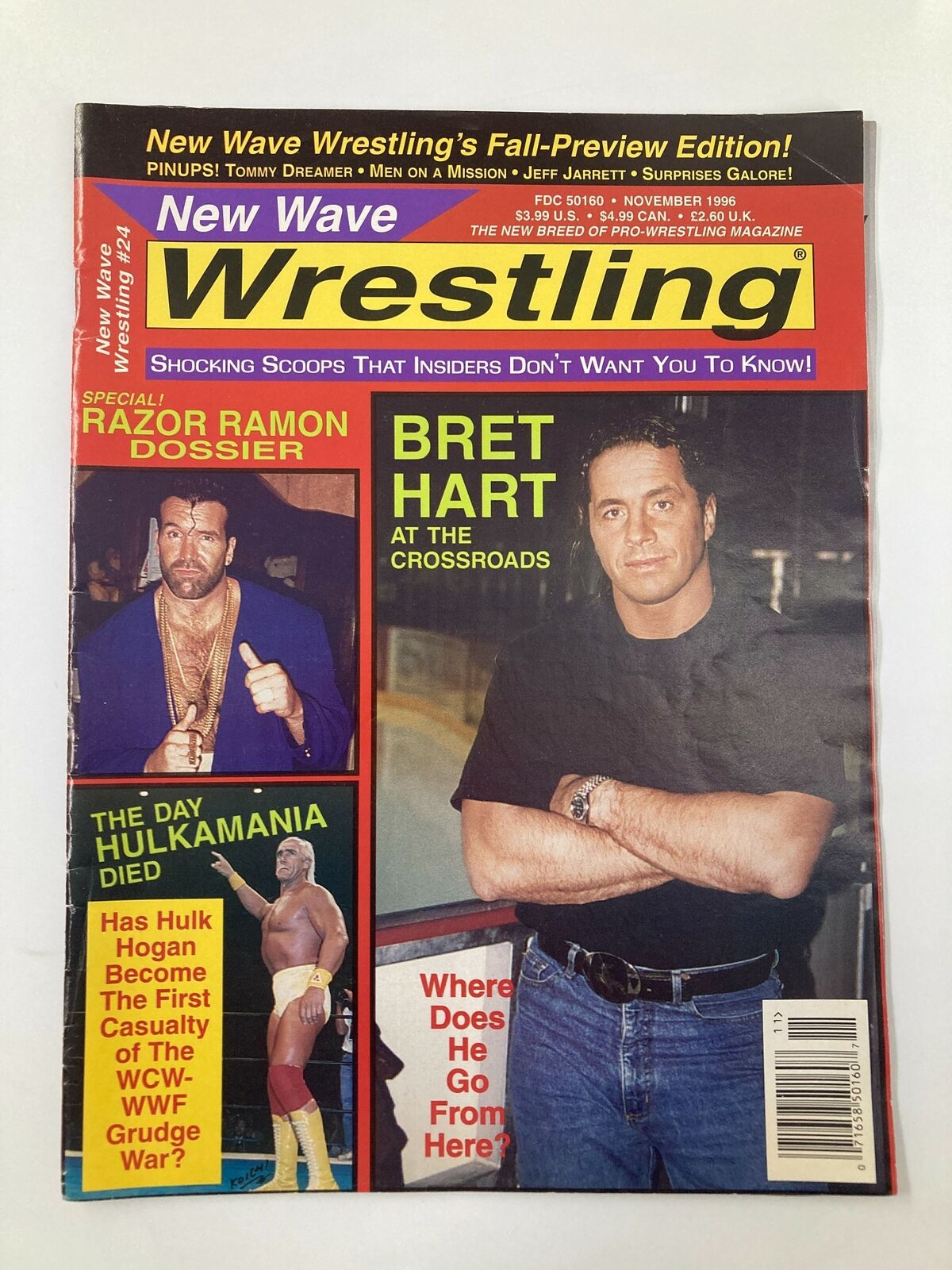 Cover of New Wave Wrestling Magazine from November 1996 featuring Hulk Hogan, Bret Hart, and Razor Ramon. Highlights include articles about legendary wrestlers and wrestling history.