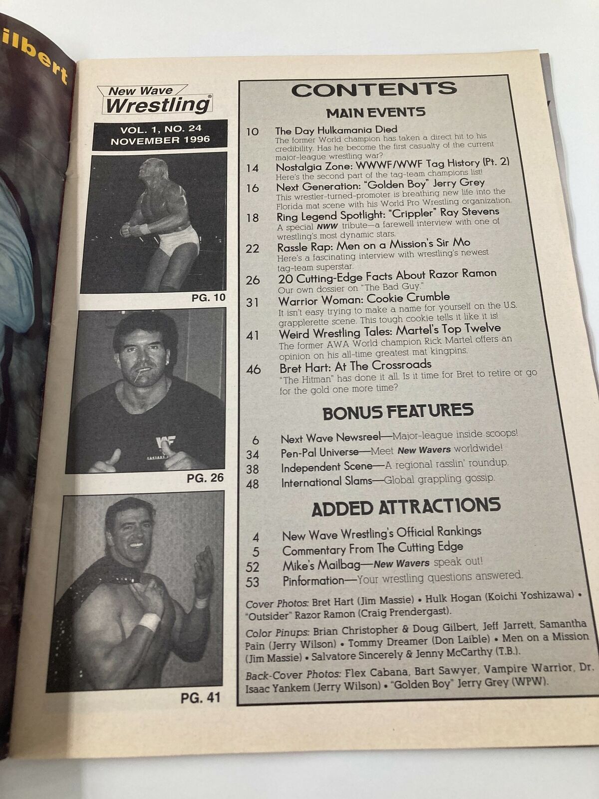 Contents page of New Wave Wrestling Magazine November 1996 showcasing articles and features including a tribute to Hulk Hogan and insights on Bret Hart and Razor Ramon.
