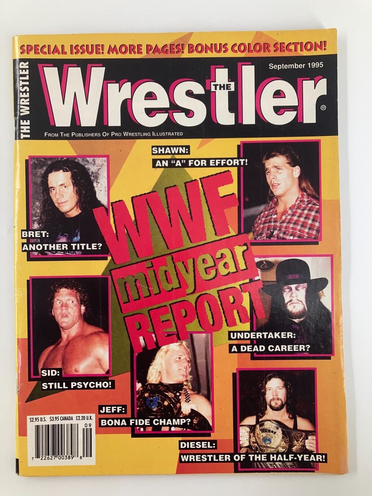 Cover of 'The Wrestler' Magazine, September 1995 edition featuring Bret Hart and Shawn Michaels. The cover highlights featured articles including WWF midyear report with images of wrestling stars like Sid, Jeff, Undertaker, and Diesel, making this issue a collectible gem for wrestling enthusiasts.