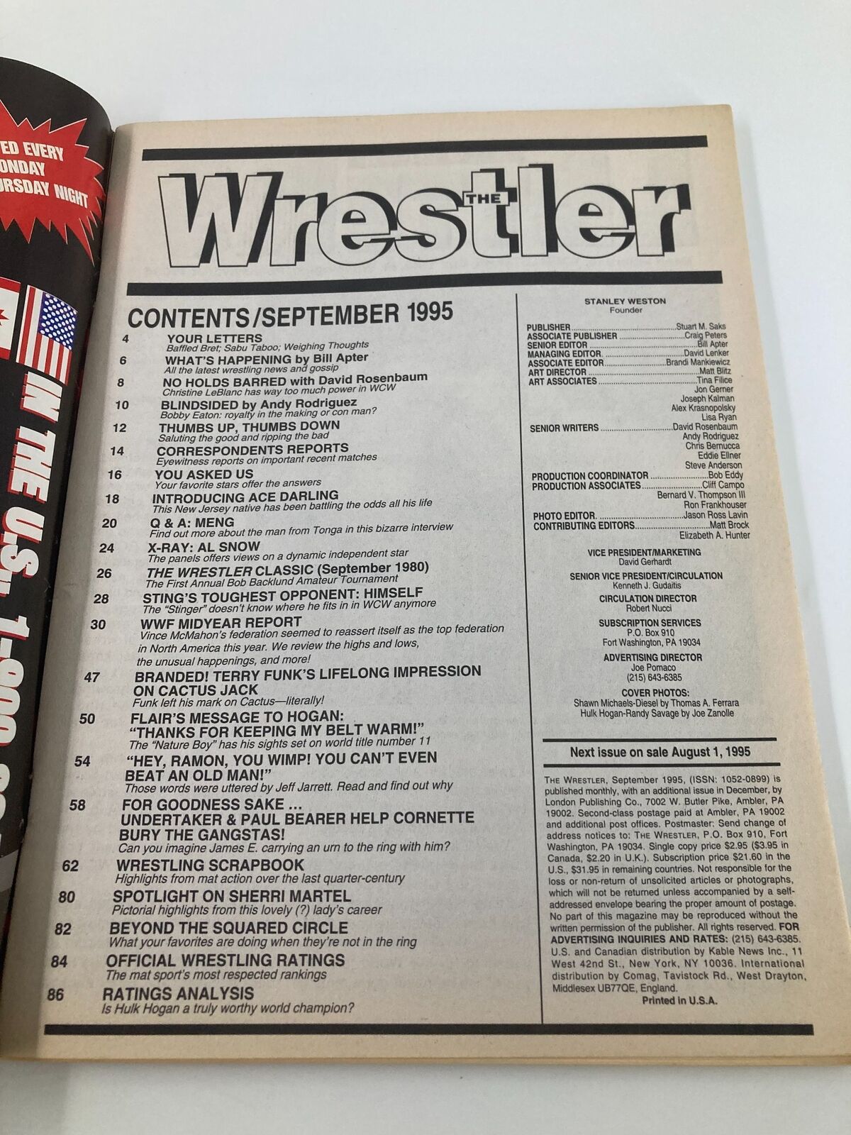 The Wrestler Magazine September 1995 contents page featuring articles and features on wrestling, including Bret Hart and Shawn Michaels. Highlights sections such as 'What's Happening' by Bill Apter and various wrestling interviews and analysis.