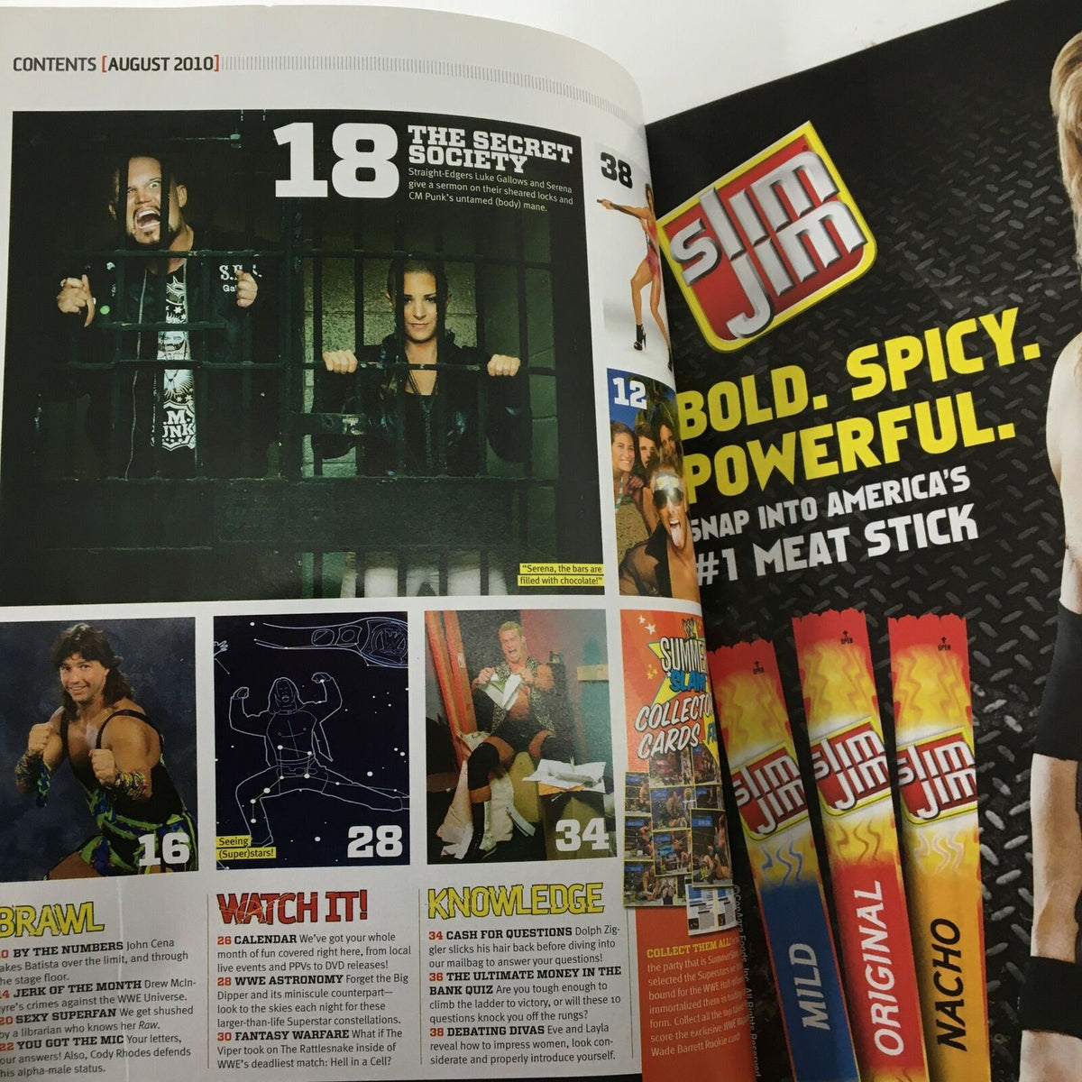 Inside pages of WWE Magazine August 2010, showcasing the table of contents with articles including 'THE SECRET SOCIETY' and features on various WWE stars.