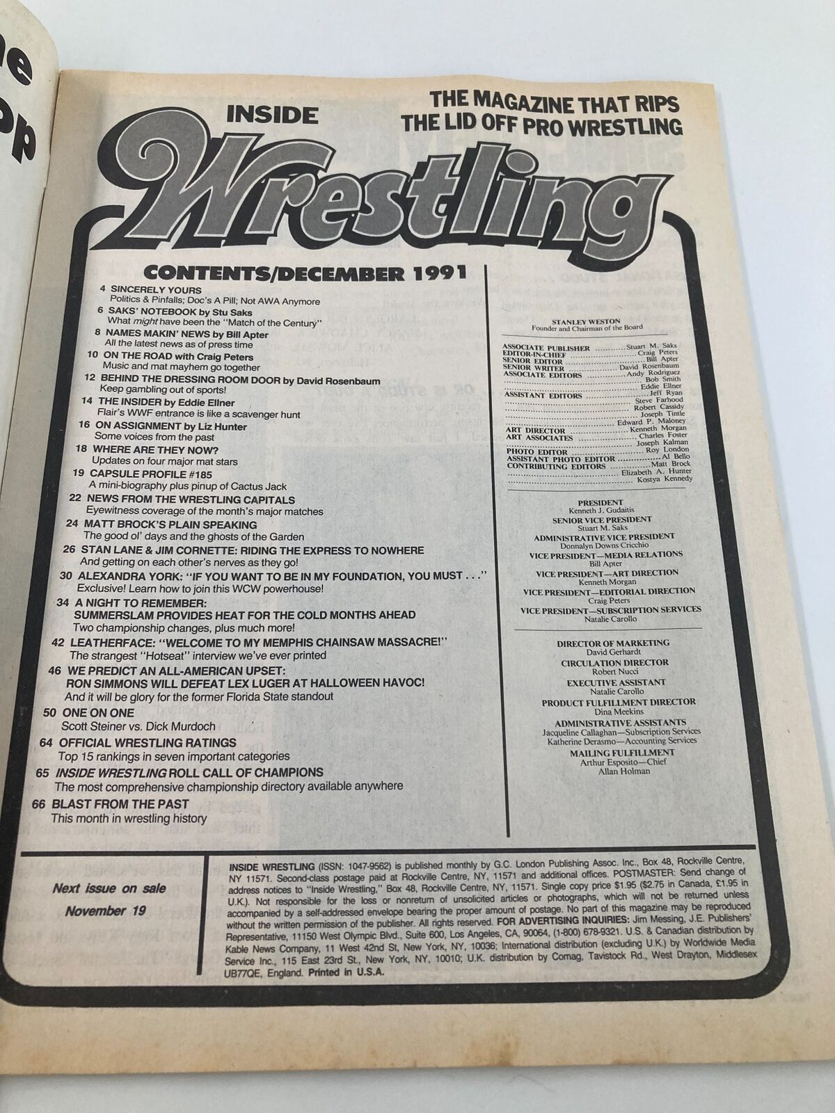 Inside Wrestling Magazine December 1991 contents page listing articles and features related to professional wrestling events and stars, including a focus on the classic matches of the time.