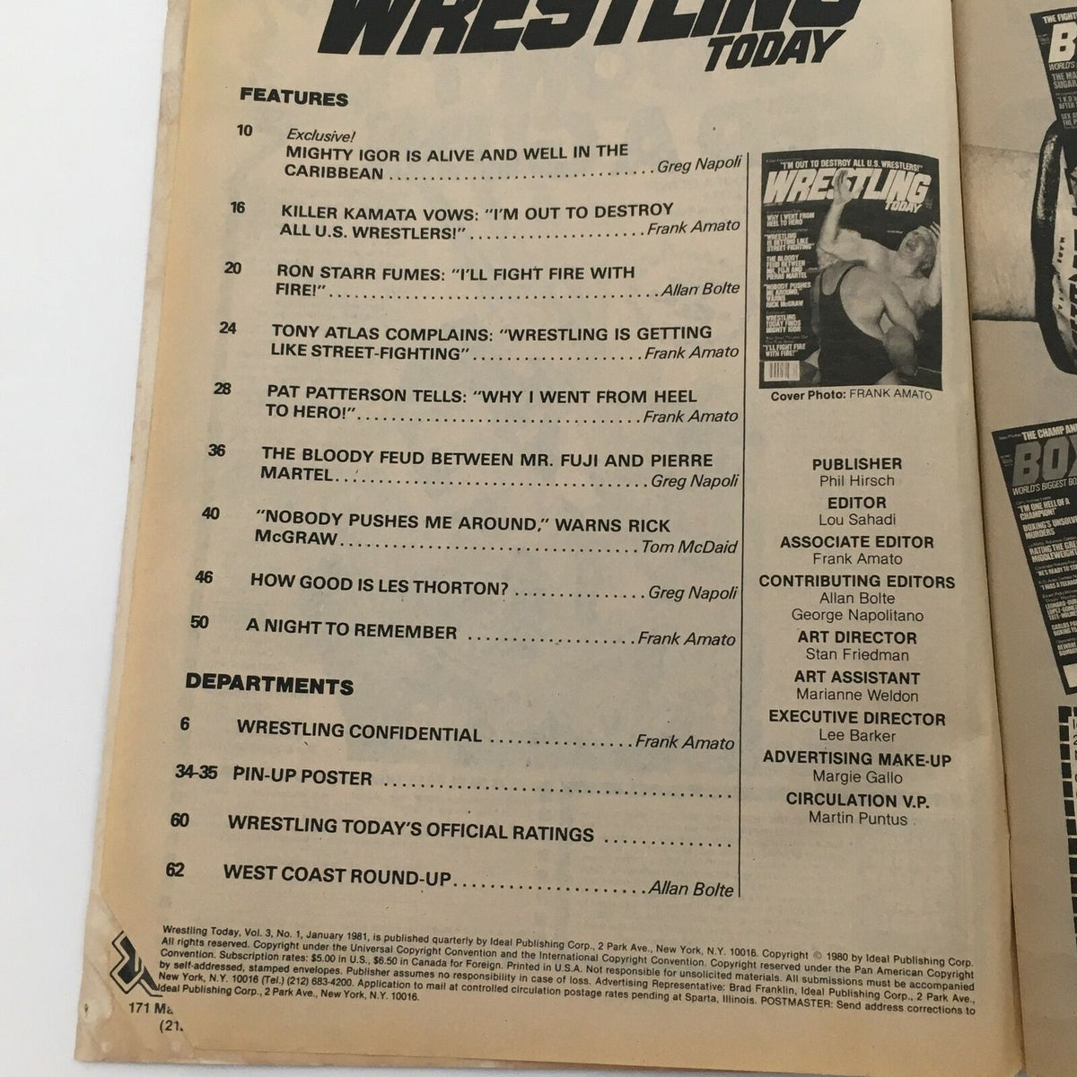 Wrestling Today Magazine January 1981 page featuring table of contents with highlights on Pat Patterson and Tony Atlas.