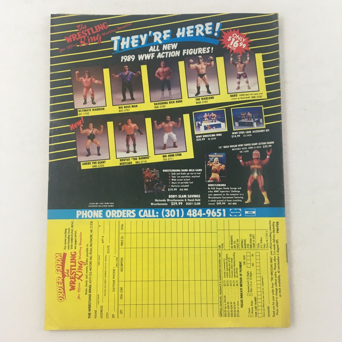 Back cover of Pro Wrestling Illustrated February 1990, featuring 1989 WWF action figures advertisement including popular wrestlers like Ultimate Warrior, Big Boss Man, and Andre the Giant.