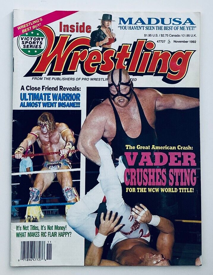 Cover of Inside Wrestling Magazine November 1992 featuring Big Van Vader and Ultimate Warrior. The cover highlights a dramatic moment in wrestling with Vader vs. Sting and includes warnings about the excitement within the magazine.