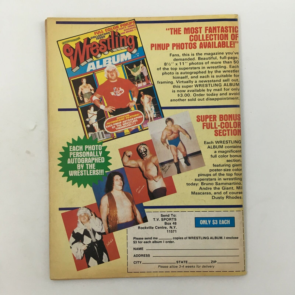 Back cover of Sports Review Wrestling Magazine Summer 1980, highlighting a collection of pinup photos and autographs from wrestling superstars.