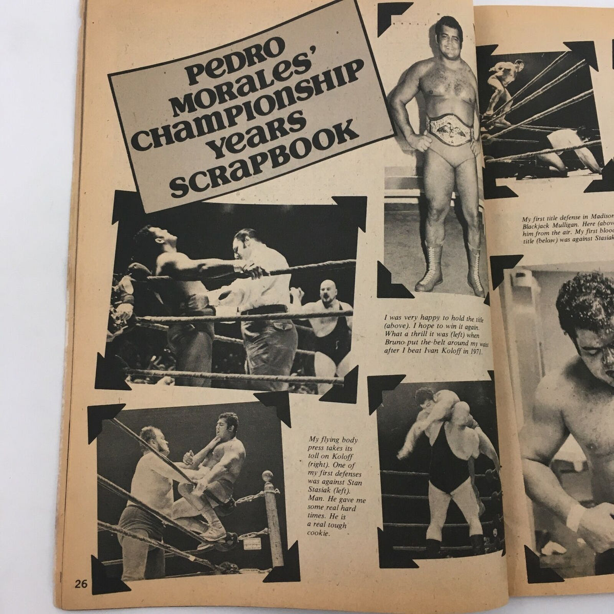 Page from Sports Review Wrestling Magazine Summer 1980 showcasing Pedro Morales' Championship Years Scrapbook with historical wrestling images.