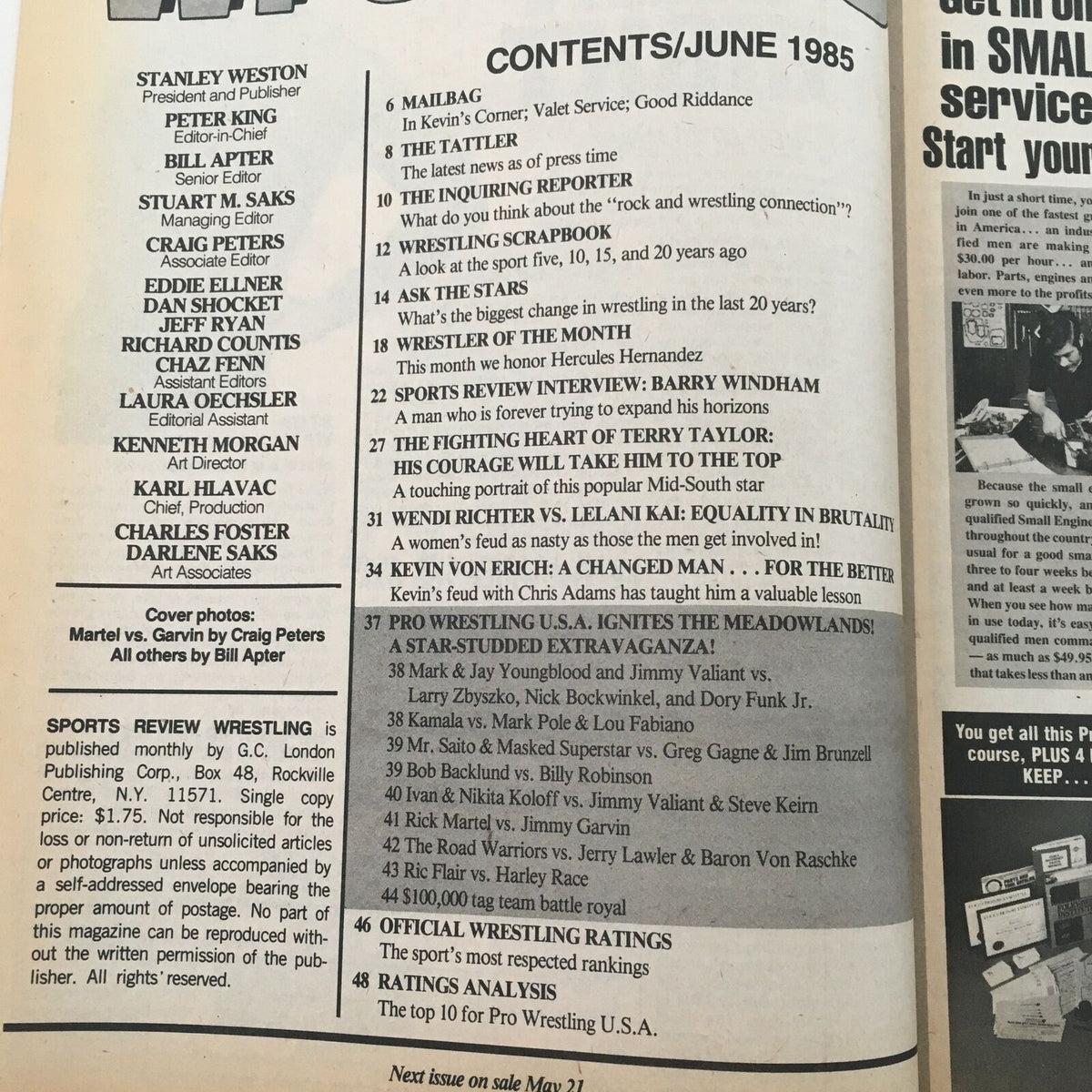 Table of contents from Sports Review Wrestling Magazine June 1985 detailing features and articles, including a spotlight on Kerry Von Erich.