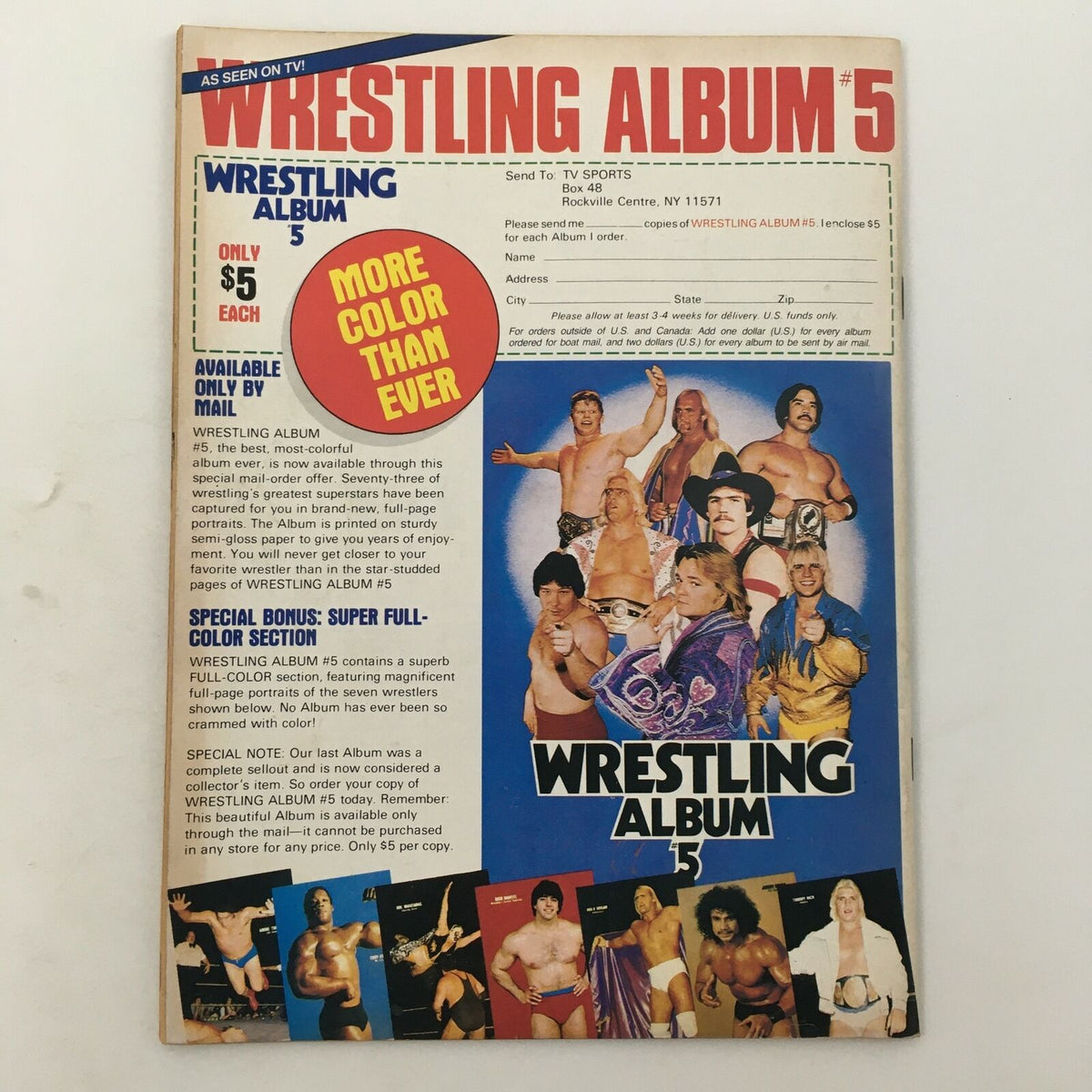 Wrestling Album #5 cover featuring a colorful advertisement for wrestling collectibles, highlighting a special full-color section and showcasing various wrestlers, from the June 1985 issue of Sports Review Wrestling Magazine featuring Kerry Von Erich and Nick Bockwinkel.