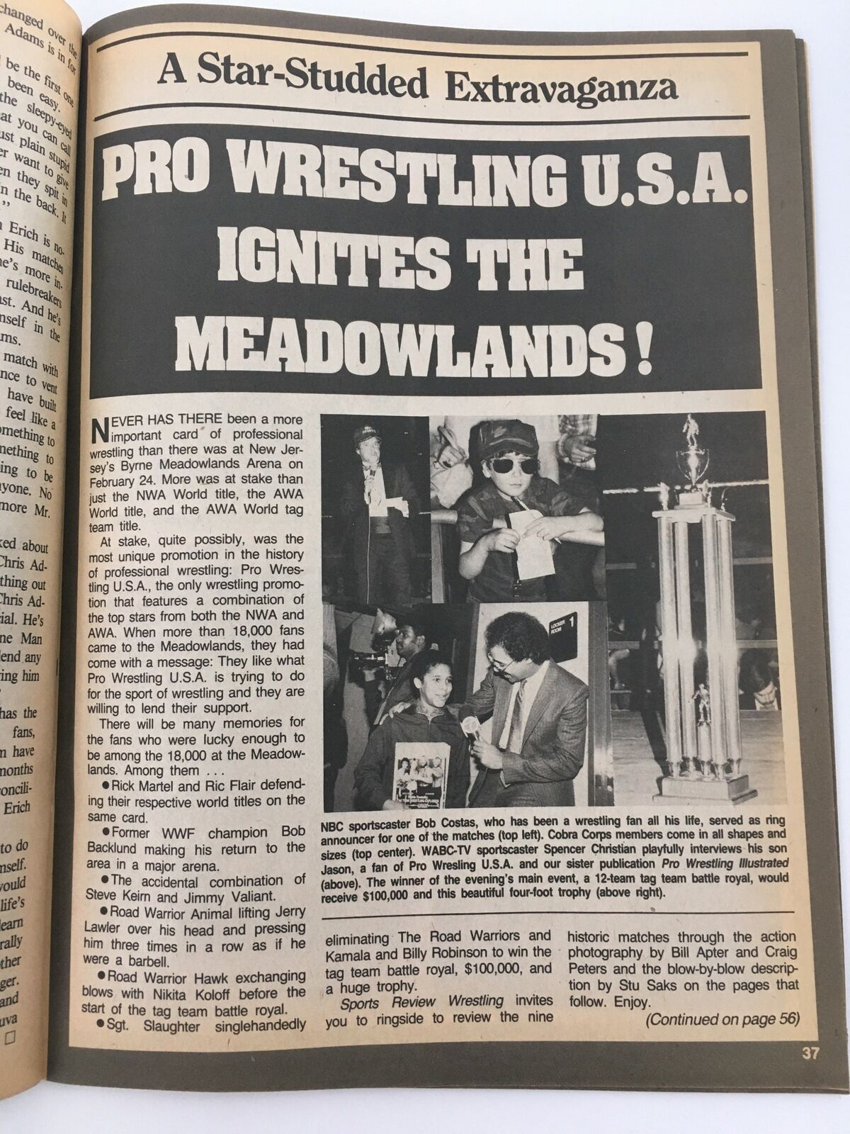 Article page discussing a major wrestling event title match at the Meadowlands, featuring coverage from the June 1985 issue of Sports Review Wrestling Magazine highlighting the excitement in professional wrestling, including mentions of various wrestling personalities.