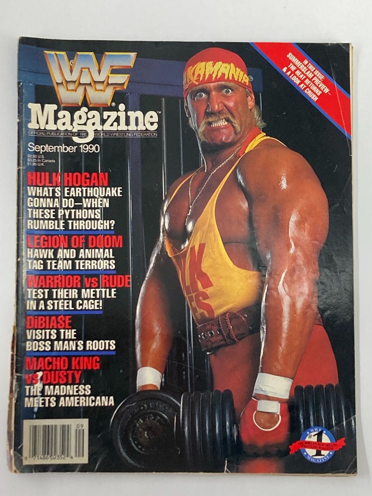 WWF Magazine September 1990 featuring Hulk Hogan on the cover, showcasing his iconic wrestling persona with dumbbells, emphasizing the excitement of wrestling culture in the early 90s.