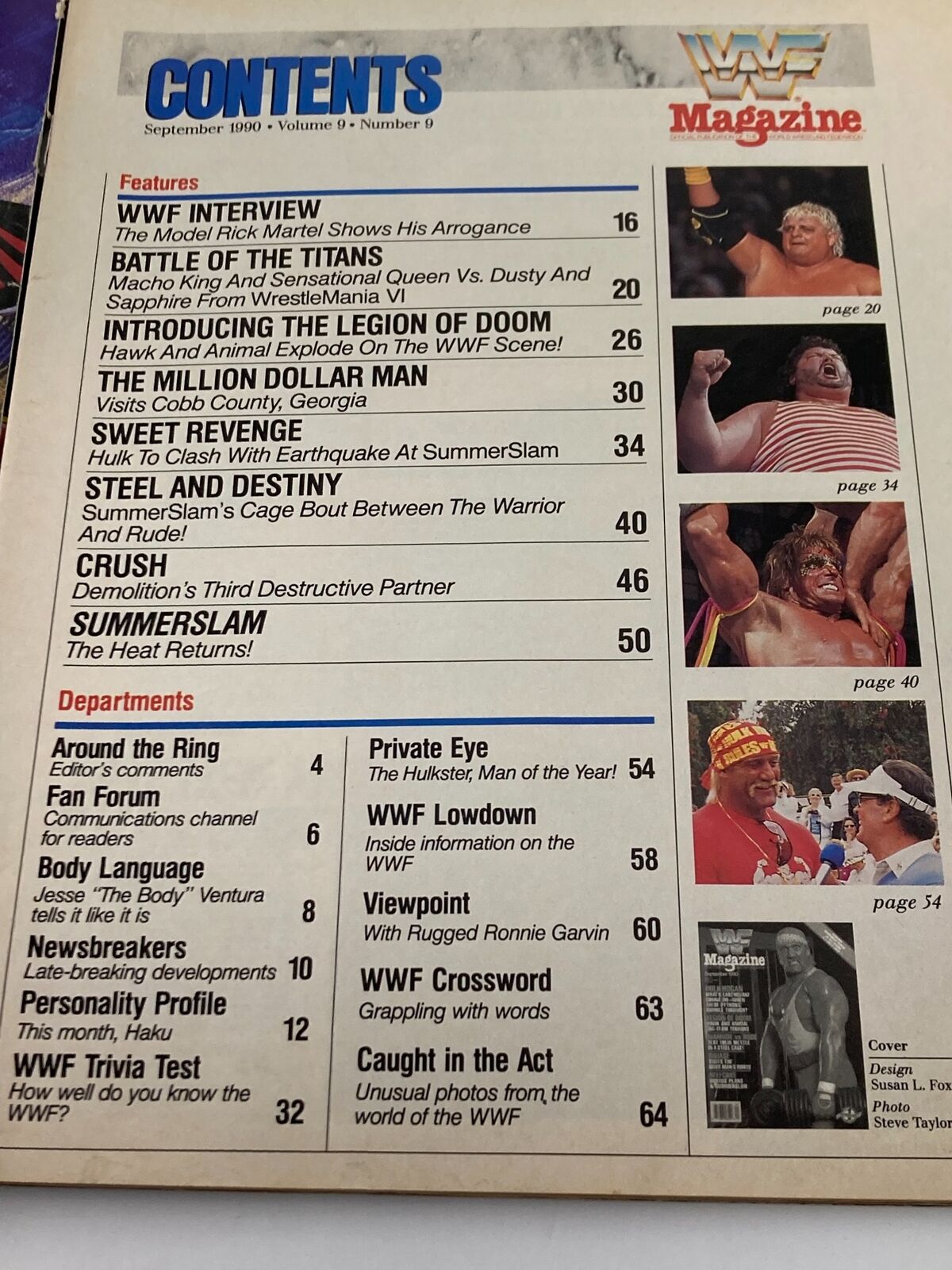Contents page of WWF Magazine September 1990, listing featured articles and matches, providing insight into the wrestling events and personalities of the era.