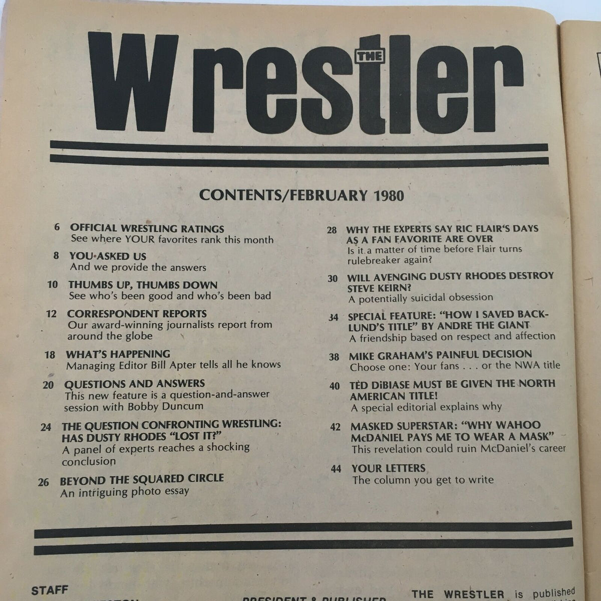Inside page of The Wrestler Magazine February 1980 displaying the contents list, featuring wrestling ratings, special articles, and insights into the wrestling world during that era.