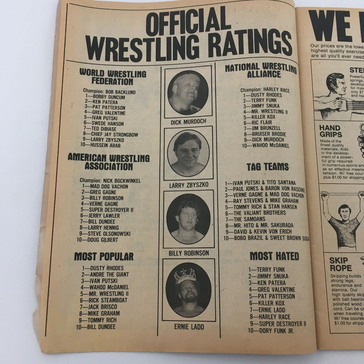 Another inside page from The Wrestler Magazine February 1980 featuring official wrestling ratings from various wrestling federations, highlighting the ranking of popular wrestlers like Bob Backlund and Dusty Rhodes.