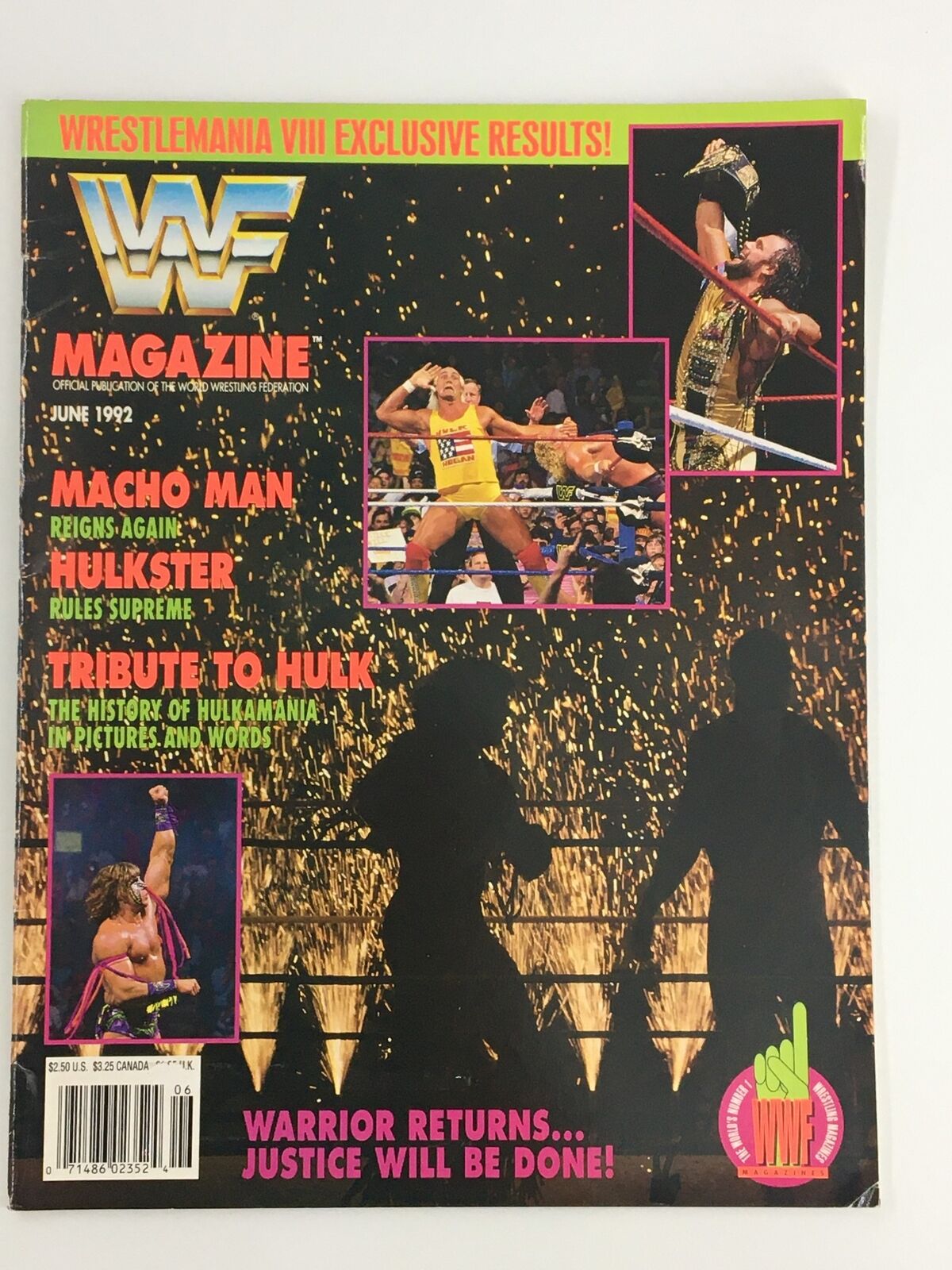 Vintage WWF Magazine June 1992 featuring Hulk Hogan, Macho Man Randy Savage, and Miss Elizabeth, with highlights on wrestling events and iconic moments from that era.