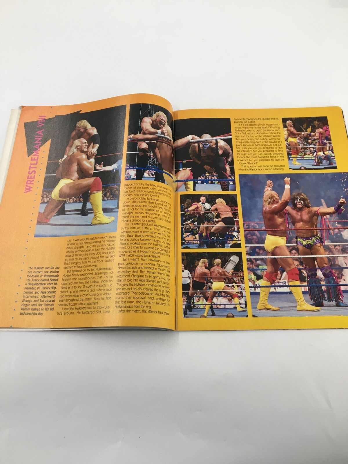 WrestleMania VIII article spread from June 1992 WWF Magazine, illustrating match highlights and action shots of Hulk Hogan and other wrestlers.