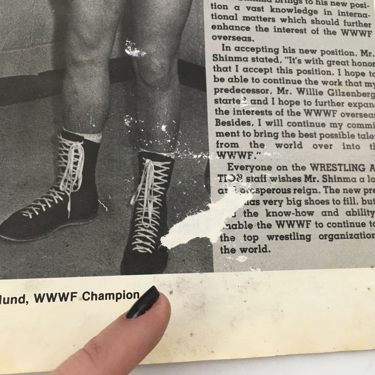 Wrestling Action Magazine Vol 1 #4 - Inside page mentioning the new WWWF Champion with wrestling boots.