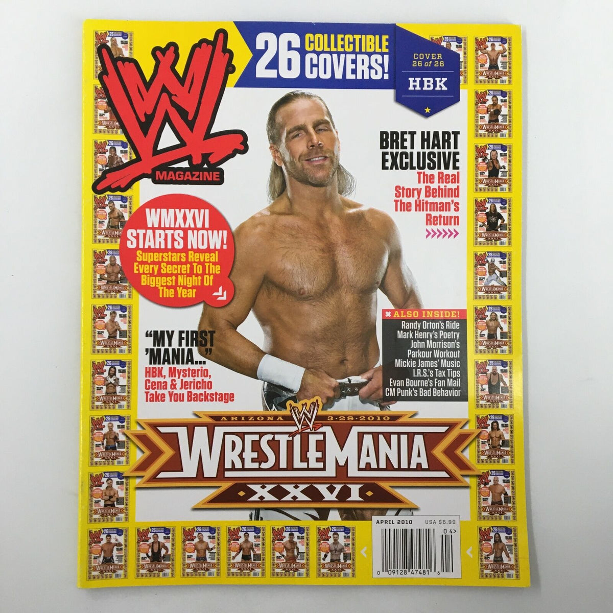 WWE Magazine April 2010 featuring Shawn Michaels on the cover, highlighting legends like Bret Hart and Randy Orton, showcasing wrestling memorabilia.