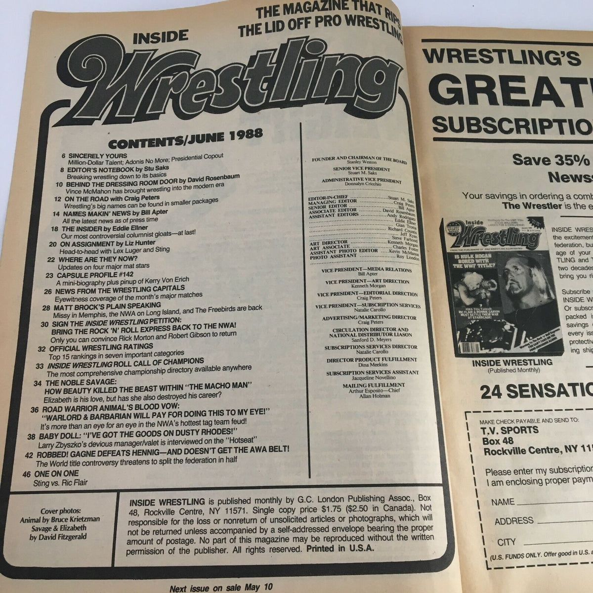 Inside Wrestling Magazine June 1988 contents page featuring articles on wrestling legends including Randy Savage, Ric Flair, and Sting.