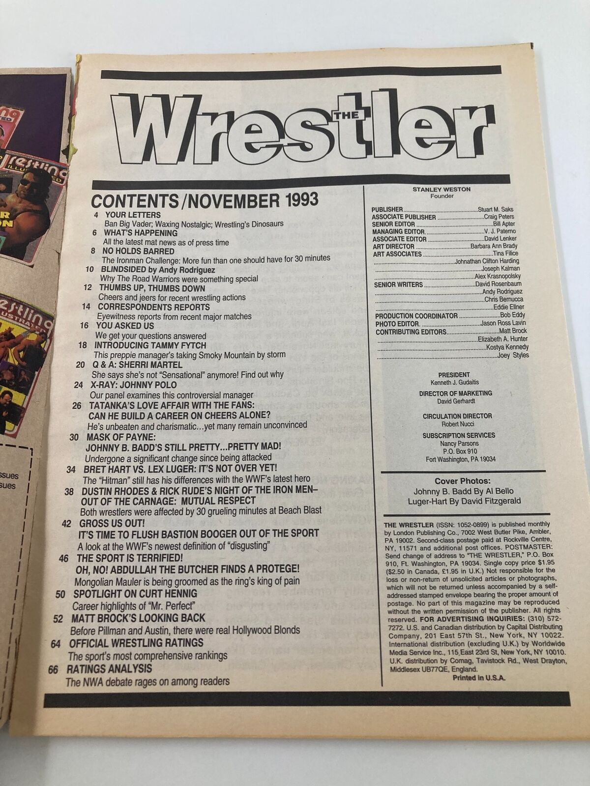 Contents page of The Wrestler Magazine, November 1993, outlining articles and features including Bret Hart vs Lex Luger and other wrestling topics from the early 90s.