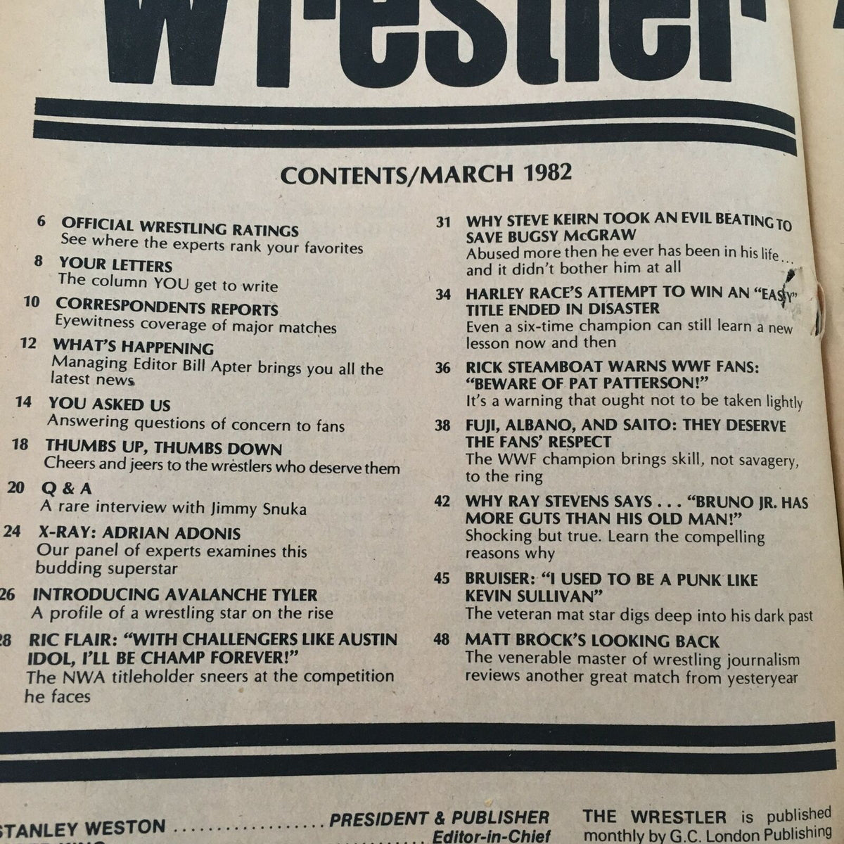 Table of contents for The Wrestler Magazine, March 1982, highlighting key articles and features including Ric Flair and Austin Idol.