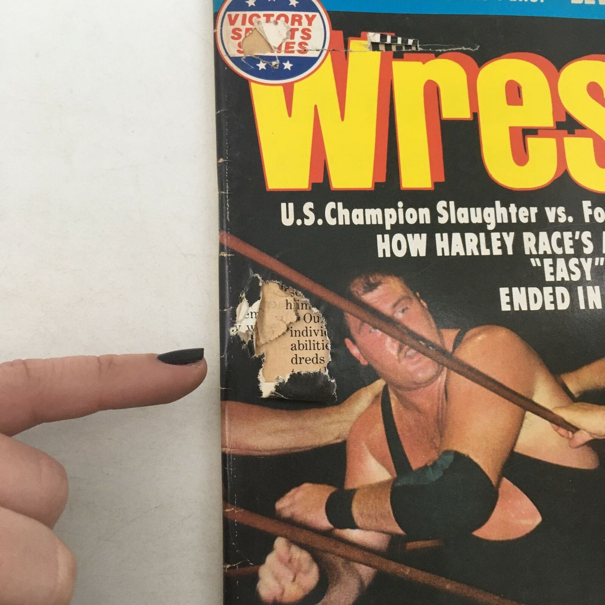 Cover of The Wrestler Magazine March 1982 showing U.S. Champion Slaughter vs. Foreign Invader. The cover highlights Harley Race's feature and showcases wear typical of vintage magazines.