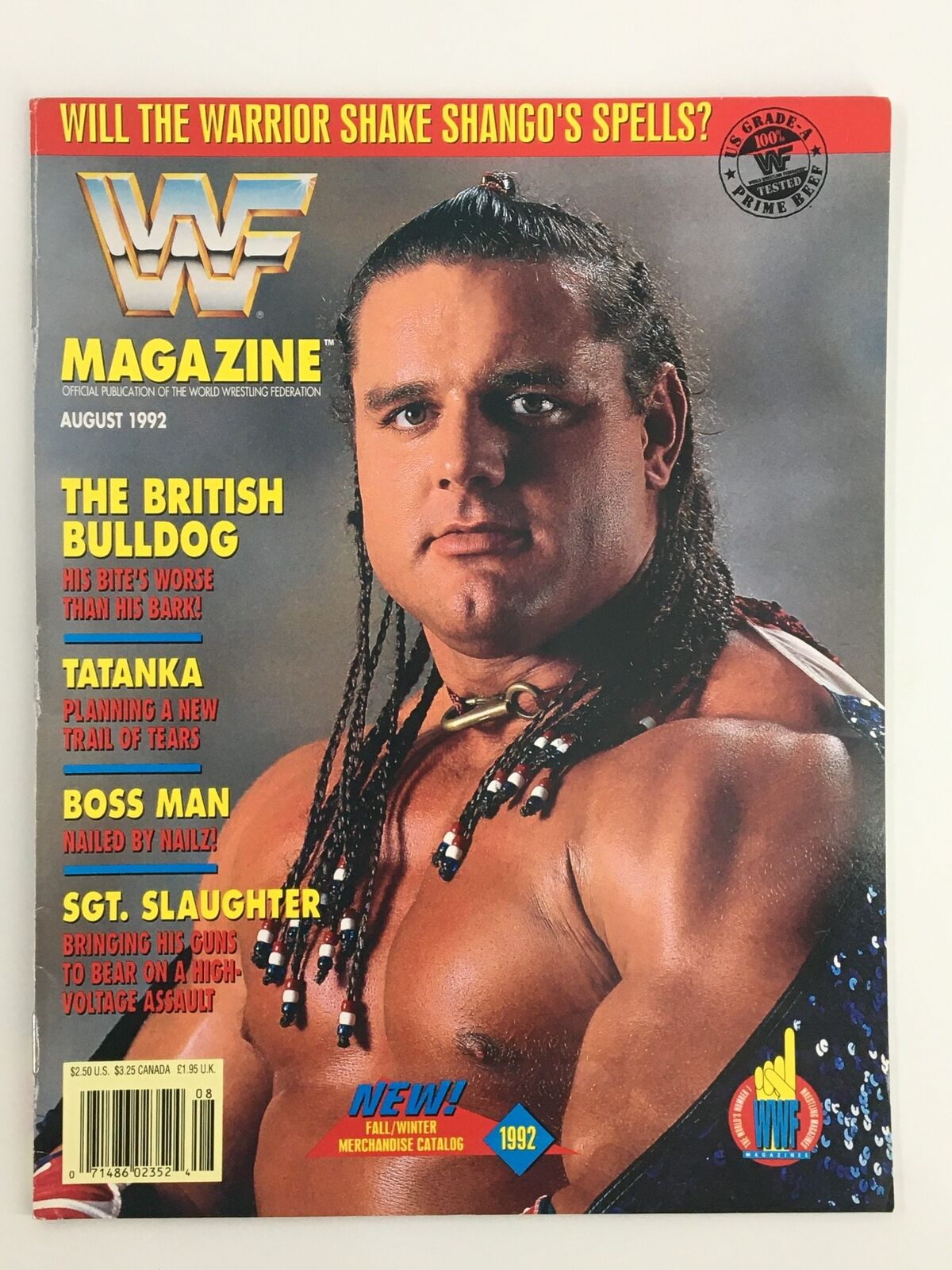 Cover of VTG WWF Magazine August 1992 featuring The British Bulldog, Tatanka, and Sgt. Slaughter with a vibrant design highlighting key articles.
