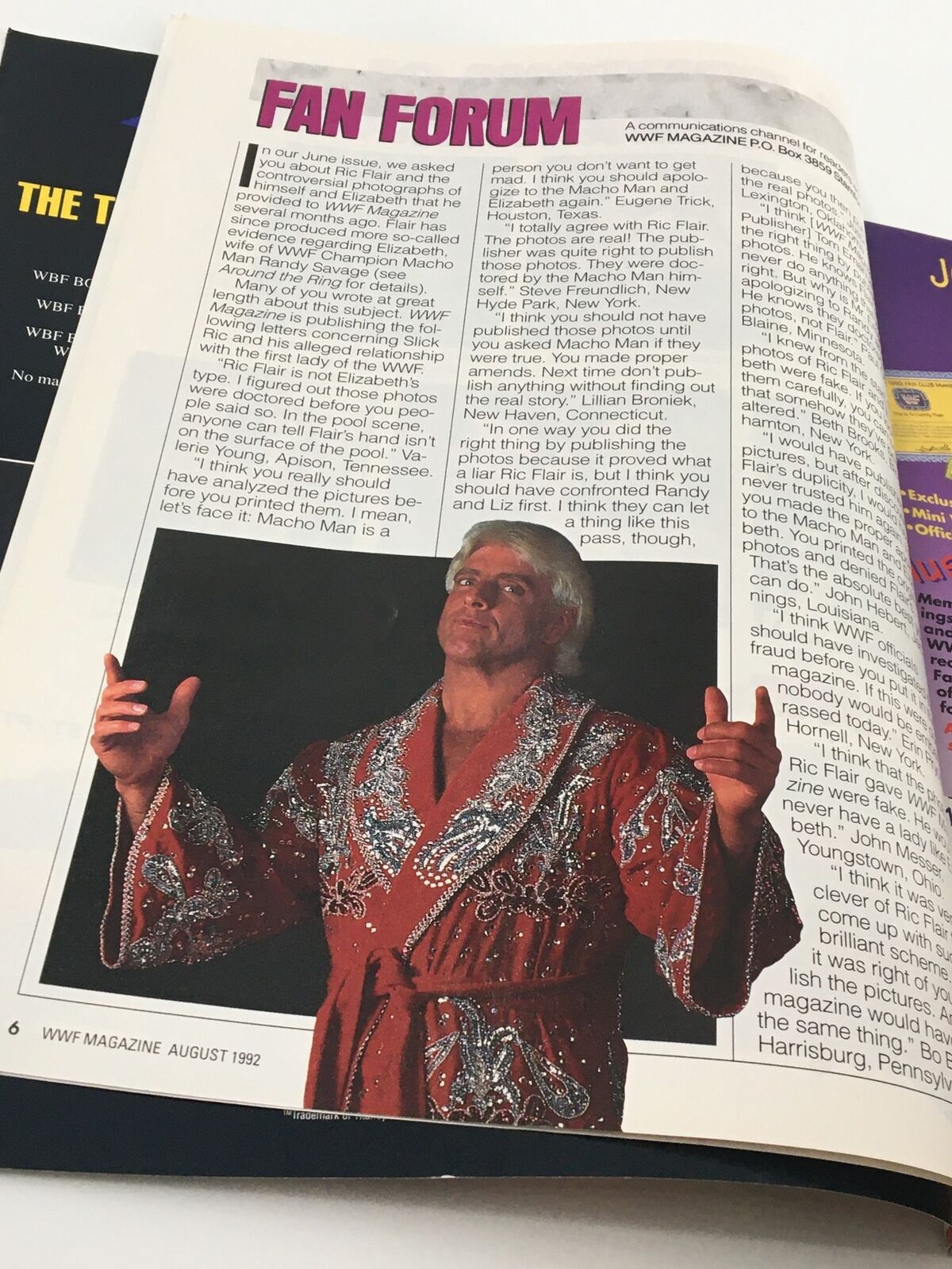 WWF Magazine August 1992 Fan Forum page featuring a notable image of a wrestler in a sparkling robe discussing wrestling controversies.