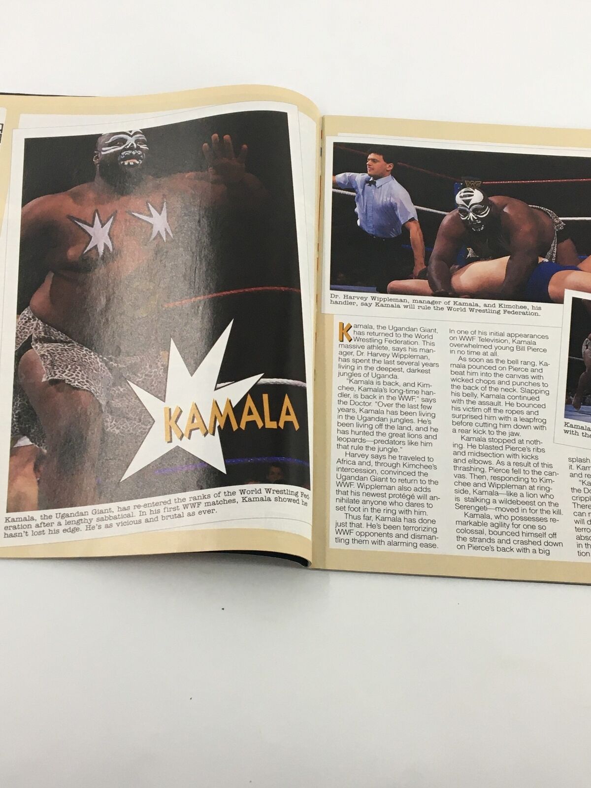 WWF Magazine August 1992 profile on Kamala, the Ugandan Giant, depicted in the ring showcasing his signature look and persona.