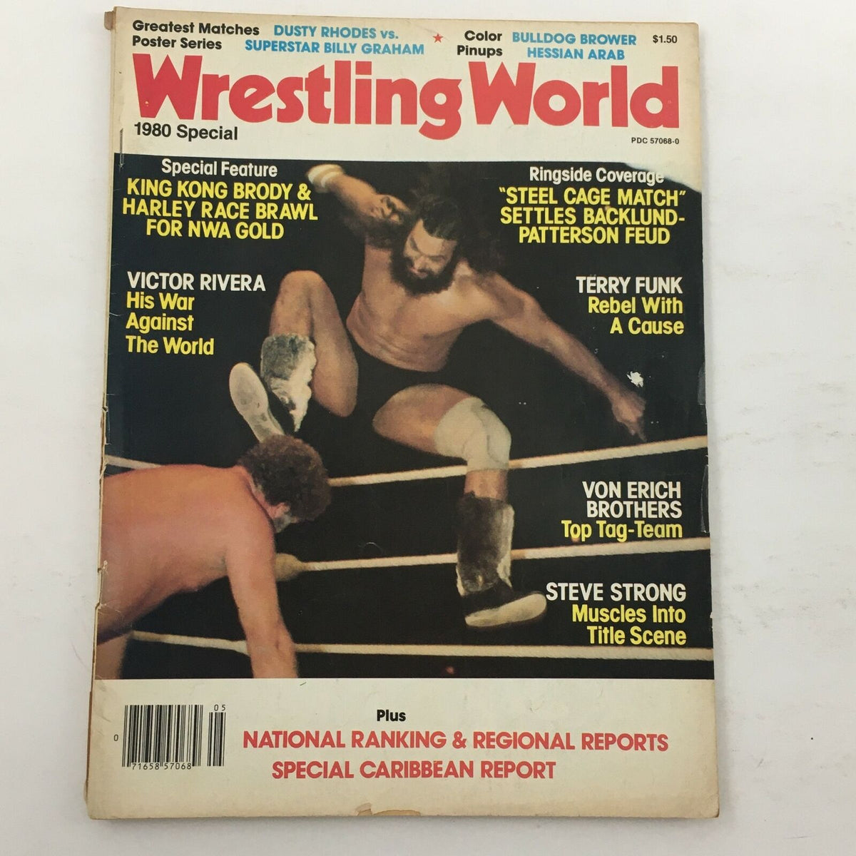 Wrestling World Magazine 1980 featuring Dusty Rhodes vs. Superstar Billy Graham on the cover, showcasing iconic wrestling matches and legends in the ring, with additional features like King Kong Brody and Harley Race, and special reports.