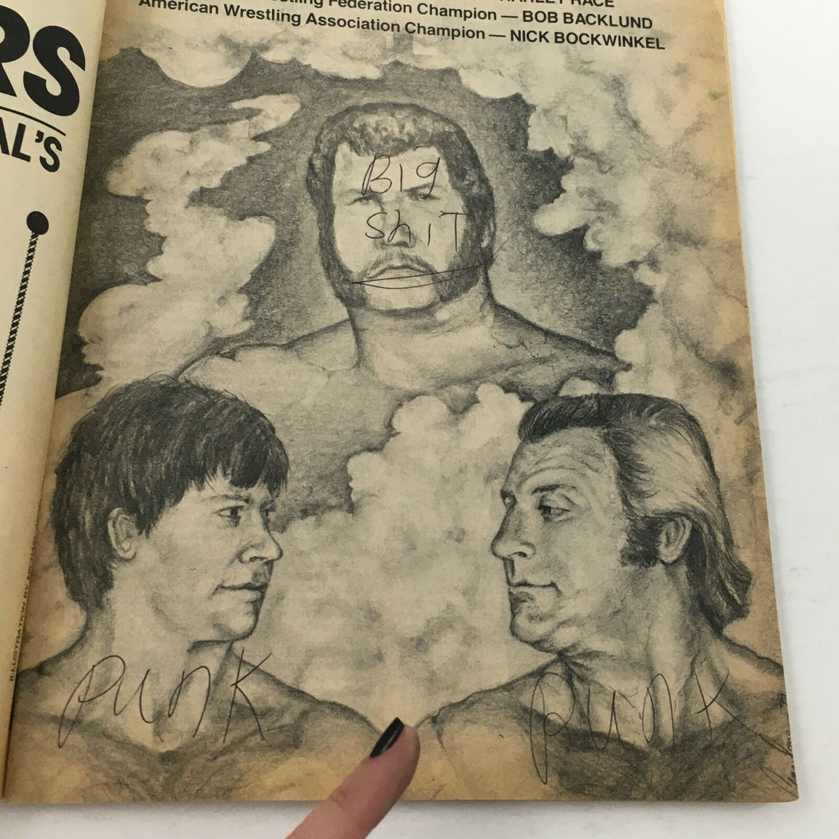 Inside illustration from Wrestling World Magazine 1980, depicting wrestling characters with handwritten notes, showcasing fan interaction.