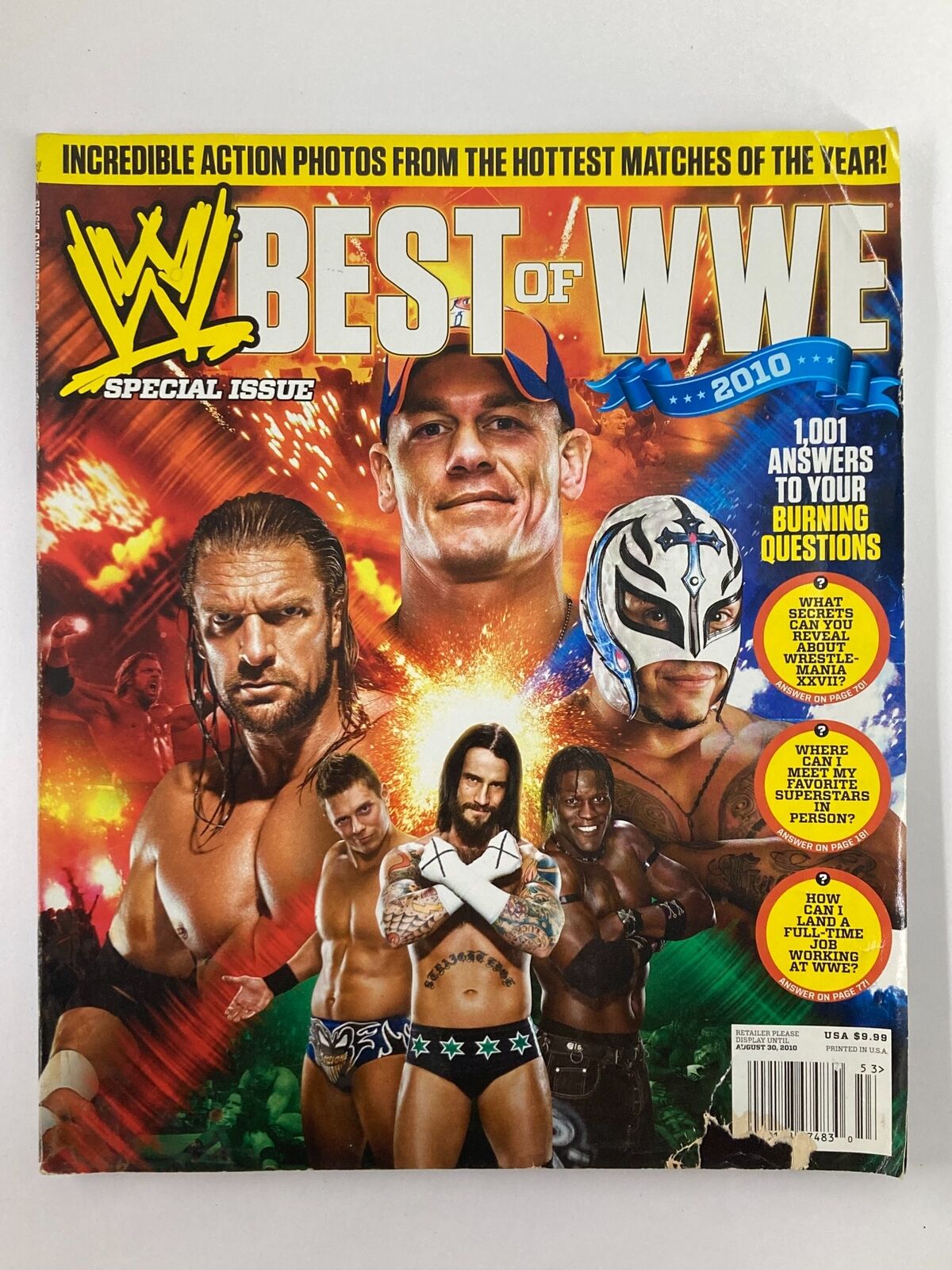 WWE Magazine August 30 2010 cover featuring John Cena, Triple H, Rey Mysterio, and CM Punk, highlighting iconic wrestlers with vibrant artwork and bold headlines about wrestling history.