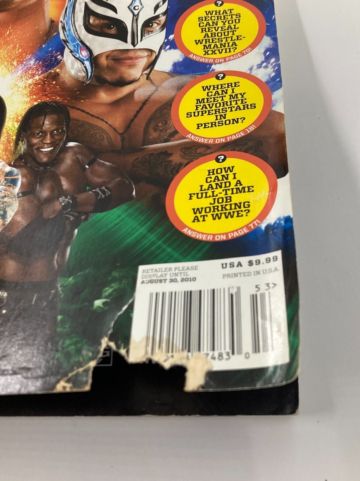 WWE Magazine August 30 2010 back cover showcasing damage with cut-out corner, printed in USA, including publication date and retail price, reflecting its vintage collectible status.