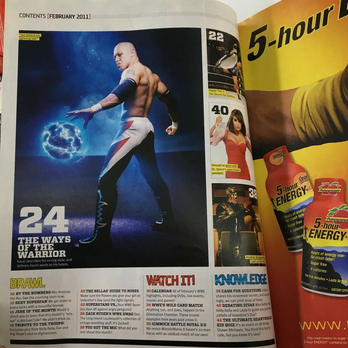 Interior page of WWE Magazine February 2011 displaying the contents, featuring profiles including Rey Mysterio and other wrestling stars, showcasing the magazine's diverse content.