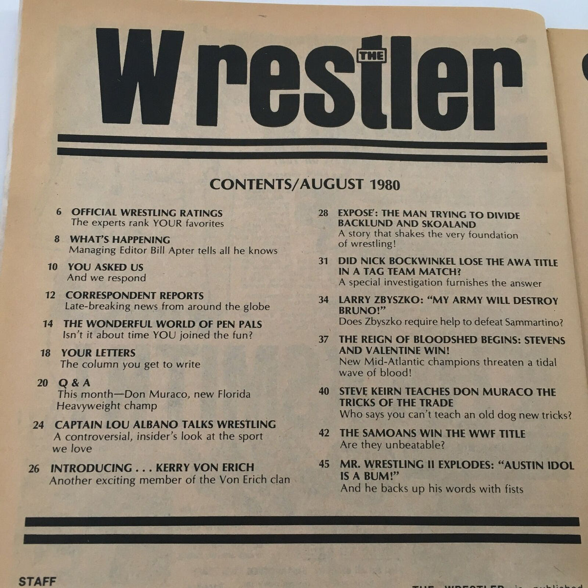 WWF The Wrestler Magazine August 1980 Table of Contents featuring key articles and wrestling ratings.