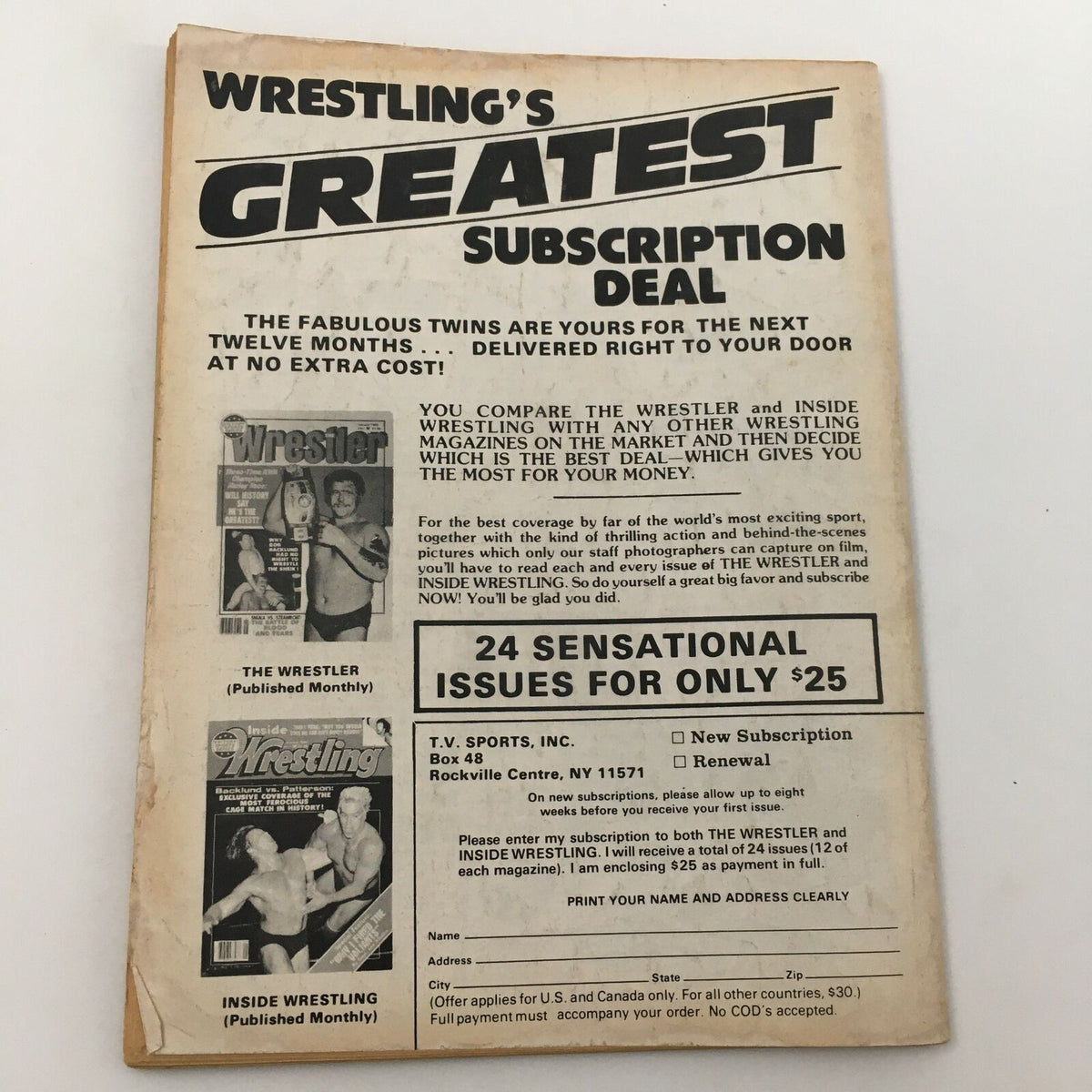 WWF The Wrestler Magazine August 1980 Subscription offer page promoting monthly issues.