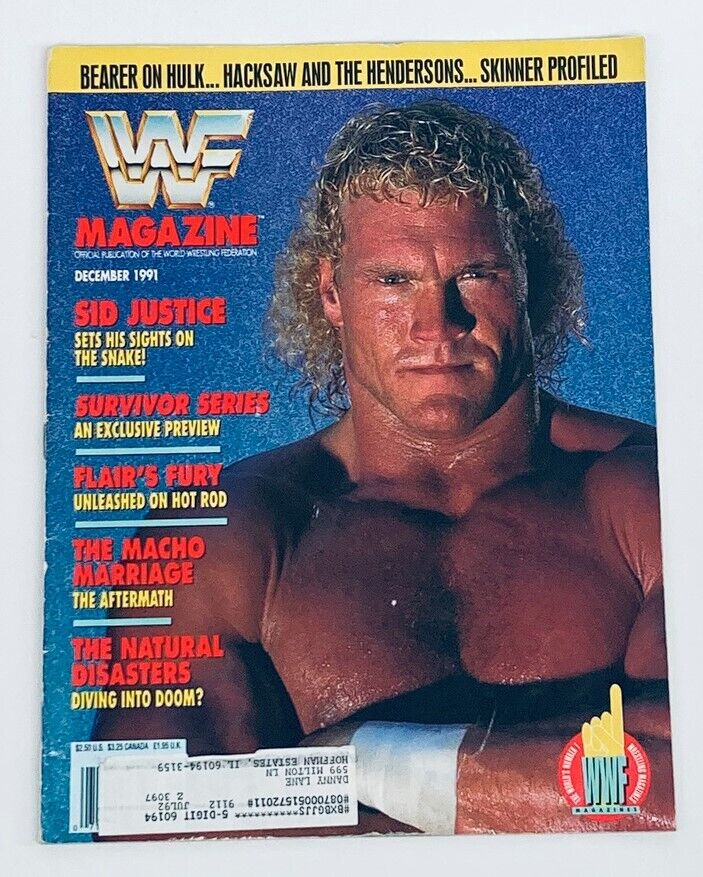 WWF World Wrestling Federation Magazine December 1991 featuring Sid Justice on the cover, showcasing his intense look and muscular physique, alongside headlines about wrestling events and personalities from that era.