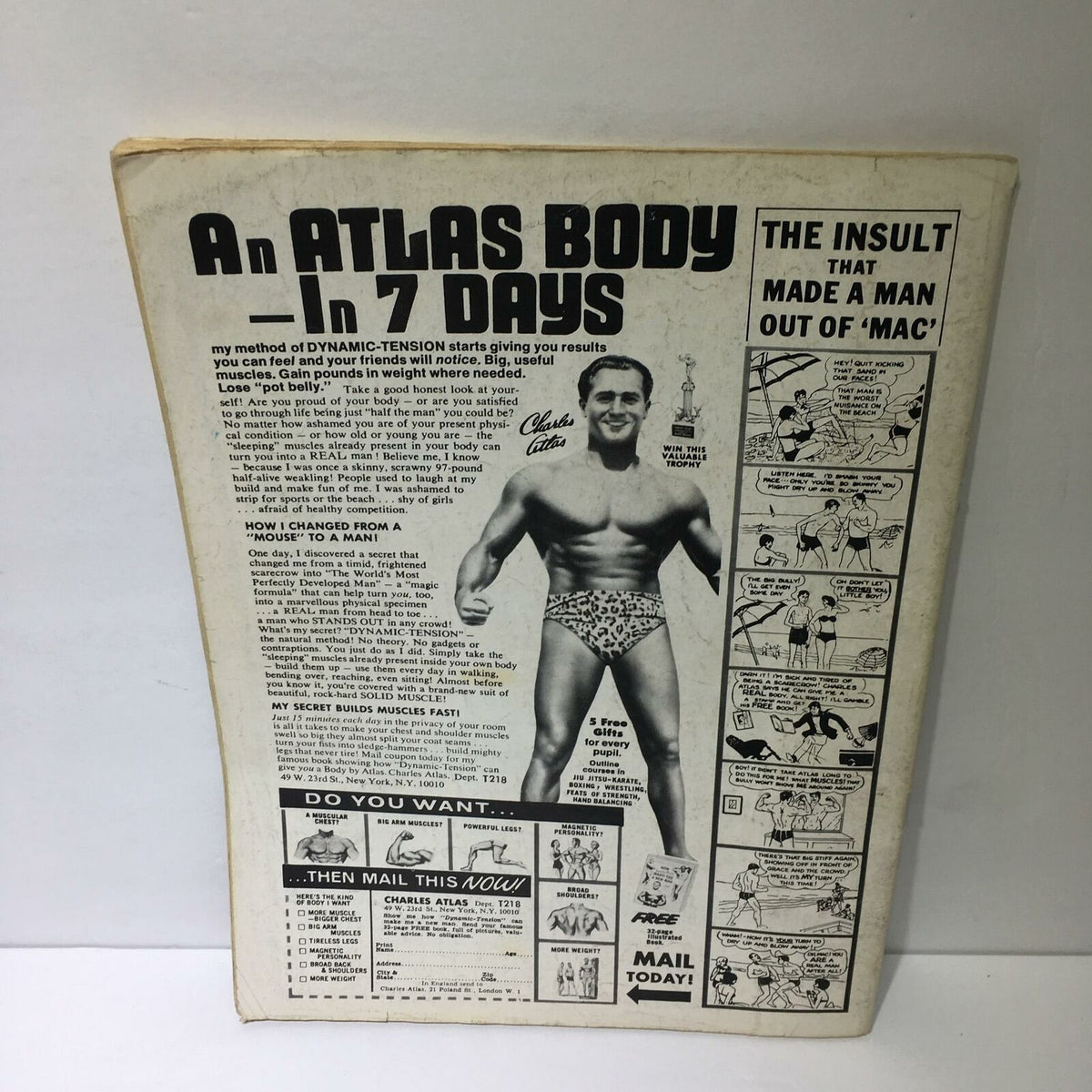 Back cover of Wrestling 1976 Annual #16 Magazine, featuring an advertisement for Charles Atlas and showcasing other vintage wrestling-related content.