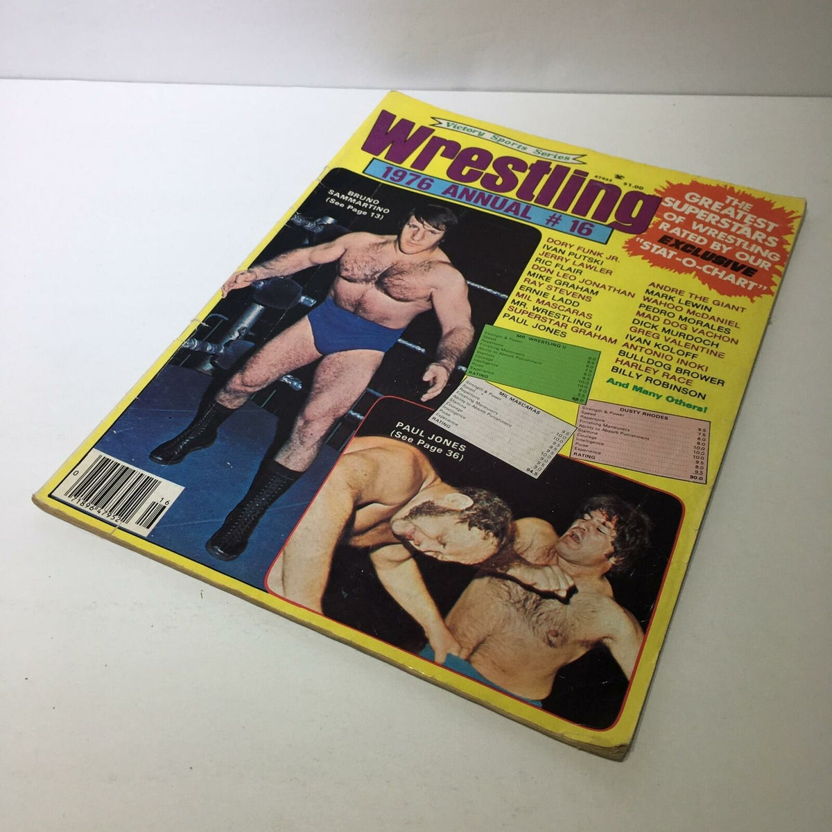 Wrestling 1976 Annual #16 Magazine featuring Bruno Sammartino on the cover, showcasing vintage wrestling highlights with vibrant colors and notable graphics.