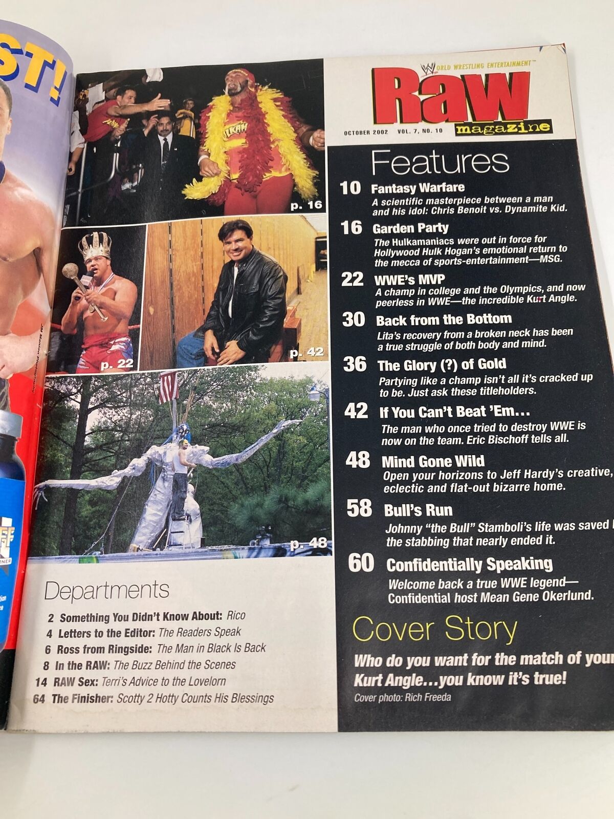 Interior page of WWE Raw Magazine October 2002 showcasing features including prominent wrestlers with images and highlights of various articles.