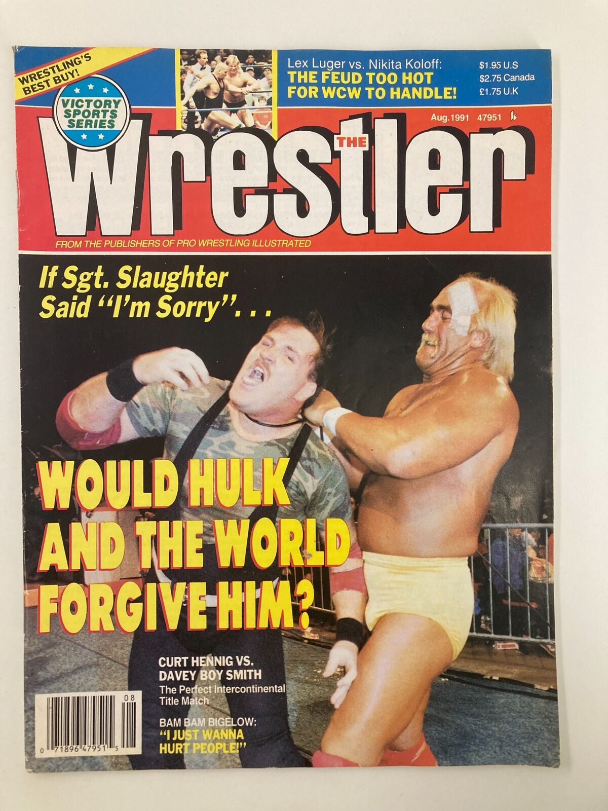The Wrestler Magazine August 1991 featuring Hulk Hogan and Sgt. Slaughter on the cover, highlighting iconic wrestling moments.