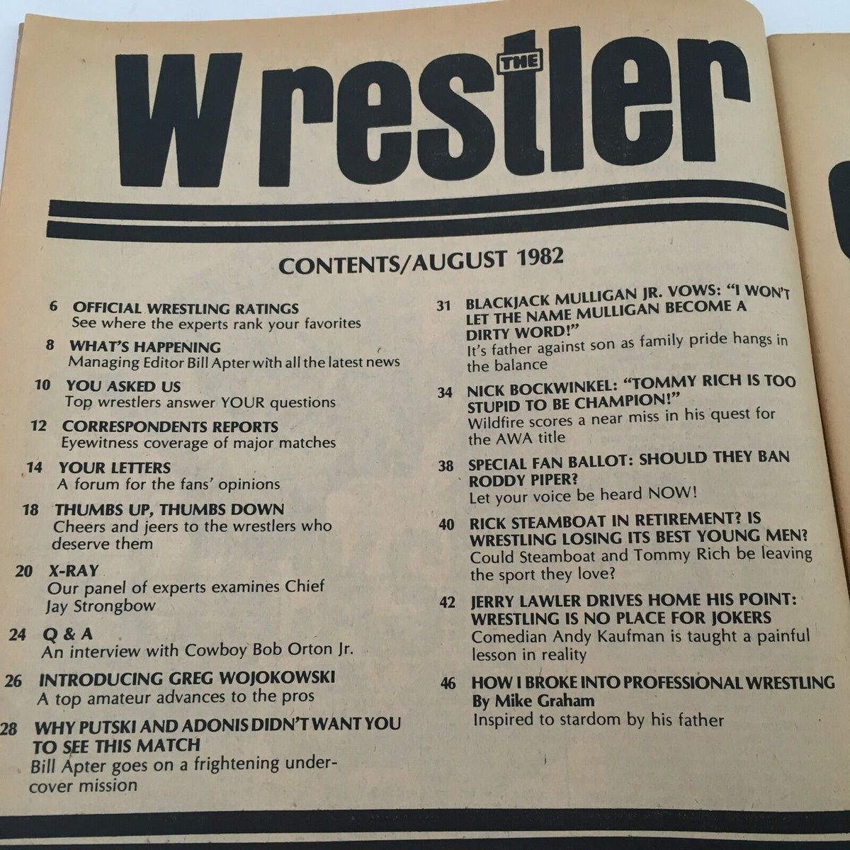 Table of contents page from The Wrestler Magazine August 1982, detailing articles and features including topics on wrestling legends.