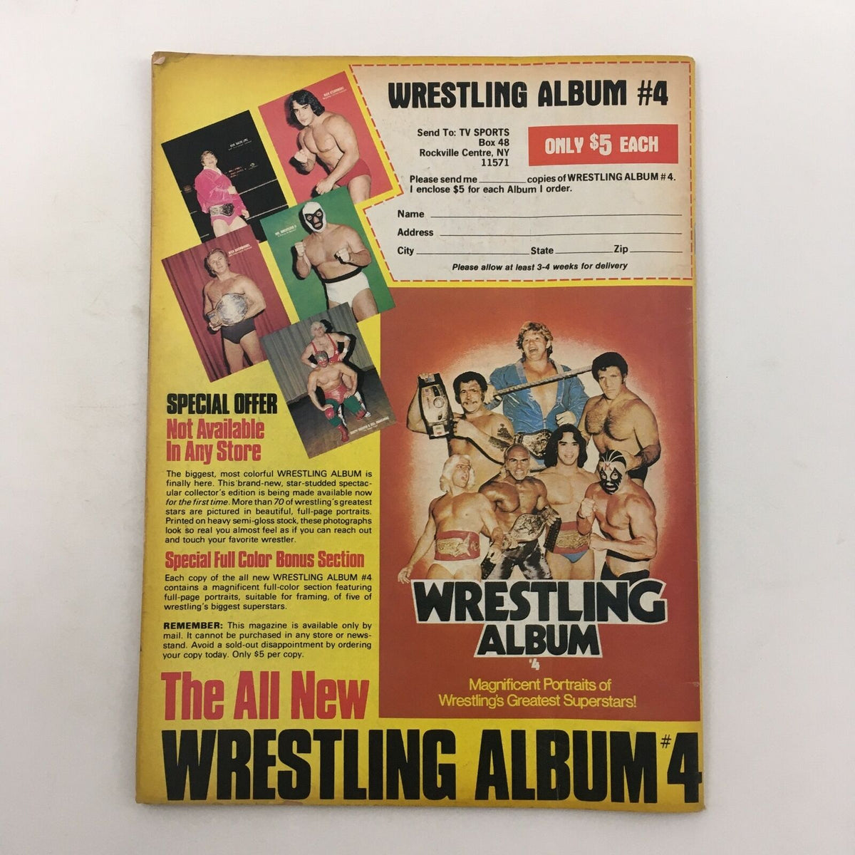 Back cover of The Wrestler Magazine August 1982 promoting Wrestling Album #4 with images of prominent wrestlers.