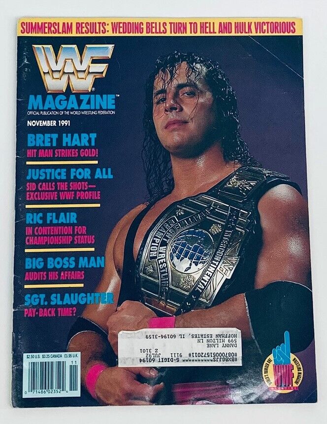 WWF World Wrestling Federation Magazine November 1991 featuring Bret Hart on the cover, showcasing the iconic wrestler with championship belt, highlighting articles on other wrestlers like Ric Flair, and vintage wrestling culture.